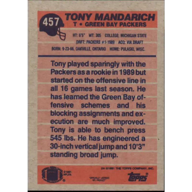 1991 Topps #457A Tony Mandarich NM-MT Green Bay Packers Football Card - Football Card Single