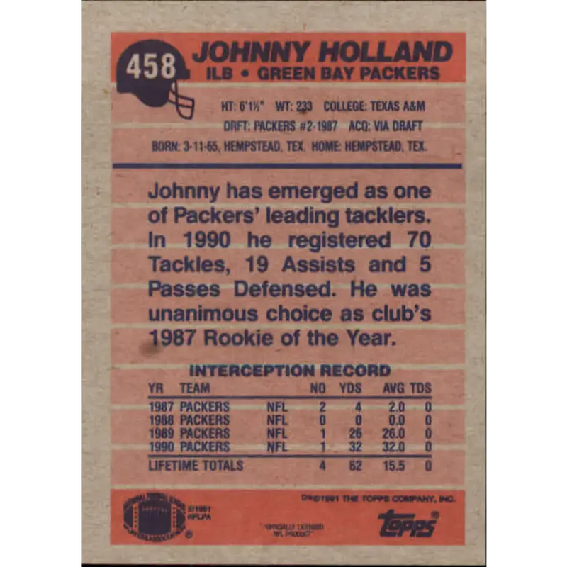 1991 Topps #458 Johnny Holland NM-MT Green Bay Packers Football Card - Football Card Single