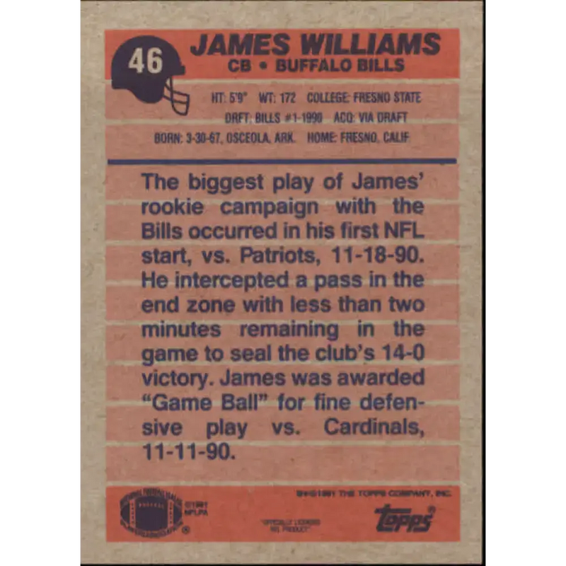 1991 Topps #46 James Williams NM-MT Buffalo Bills Football Card - Football Card Single