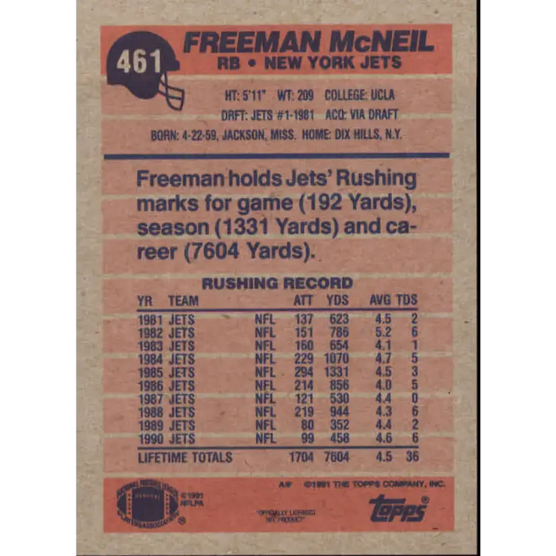 1991 Topps #461 Freeman McNeil NM-MT New York Jets Football Card - Football Card Single