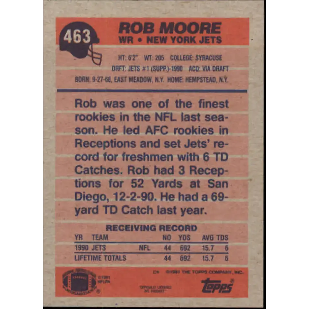 1991 Topps #463 Rob Moore NM-MT RC Rookie New York Jets Football Card