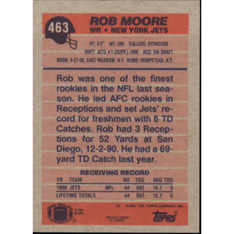 1991 Topps #463 Rob Moore NM-MT RC Rookie New York Jets Football Card