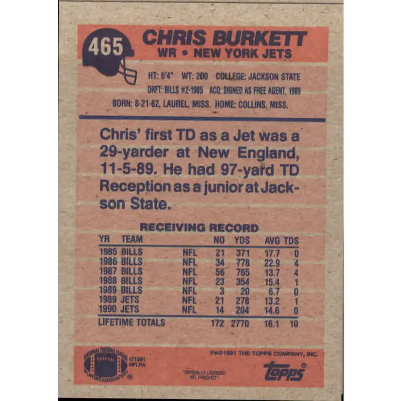 1991 Topps #465 Chris Burkett NM-MT New York Jets Football Card - Football Card Single