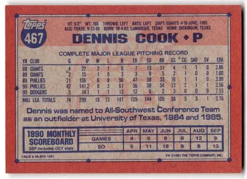 1991 Topps #467 Dennis Cook EX/NM Dodgers ID:43335 - Baseball Card Single