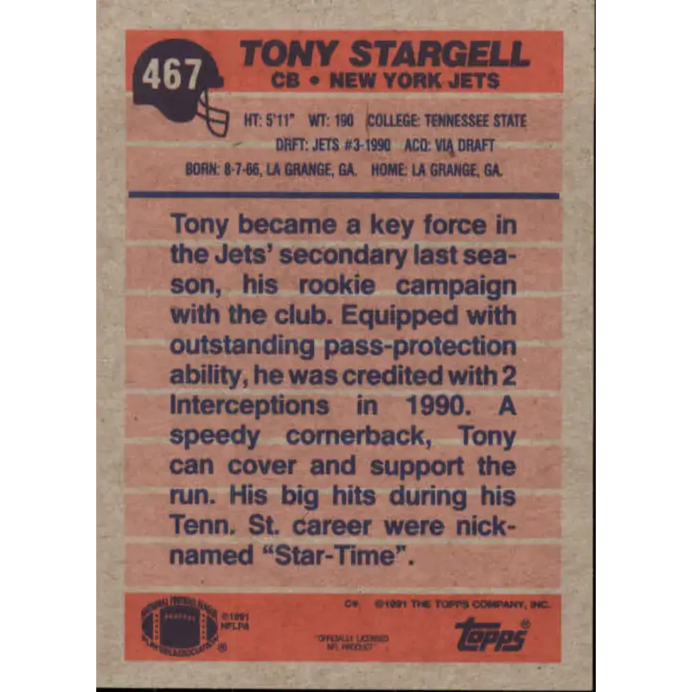 1991 Topps #467 Tony Stargell NM-MT RC Rookie New York Jets Football Card - Football Card Single