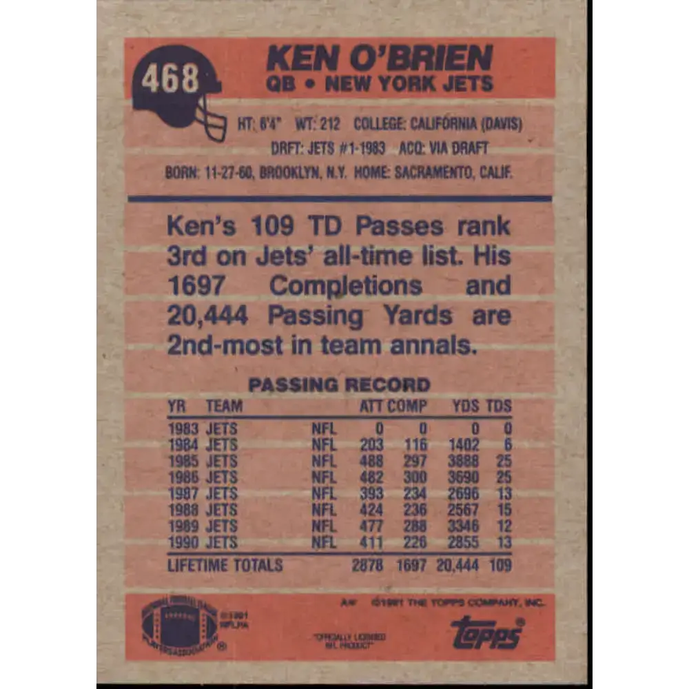 1991 Topps #468 Ken O’Brien NM-MT New York Jets Football Card - Football Card Single