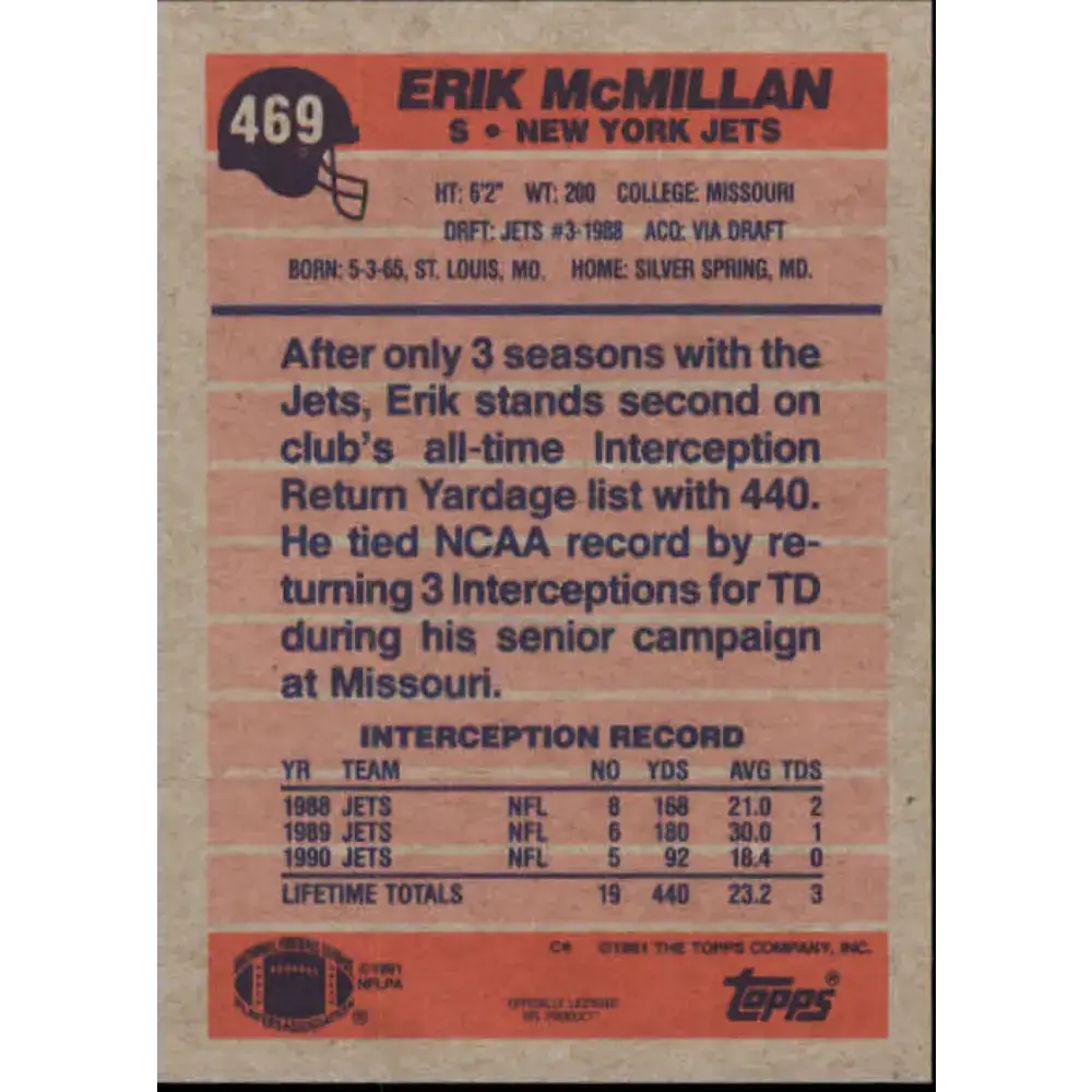 1991 Topps #469 Erik McMillan NM-MT New York Jets Football Card - Football Card Single