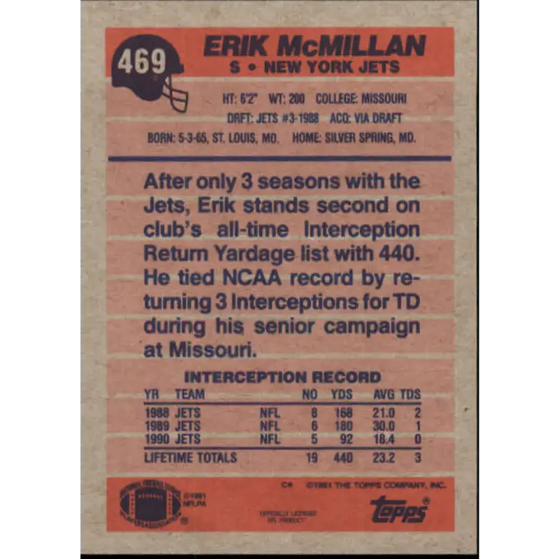 1991 Topps #469 Erik McMillan NM-MT New York Jets Football Card - Football Card Single