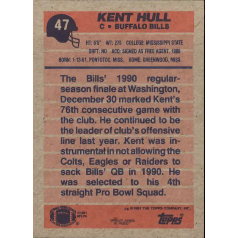 1991 Topps #47 Kent Hull NM-MT Buffalo Bills Football Card - Football Card Single