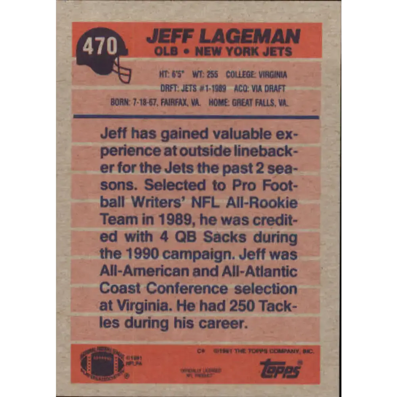 1991 Topps #470 Jeff Lageman NM-MT New York Jets Football Card - Football Card Single