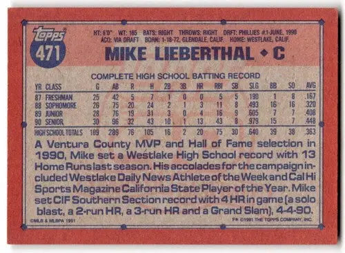 1991 Topps #471 Mike Lieberthal EX/NM RC Rookie Phillies ID:43325 - Baseball Card Single