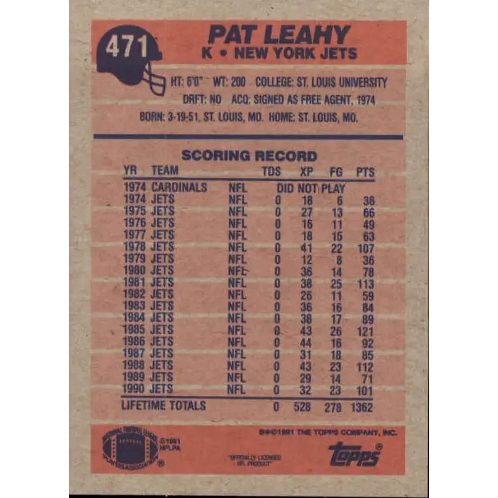 1991 Topps #471 Pat Leahy NM-MT New York Jets Football Card - Football Card Single