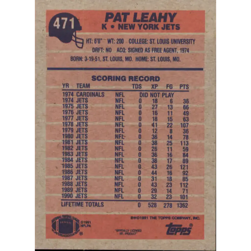 1991 Topps #471 Pat Leahy NM-MT New York Jets Football Card - Football Card Single
