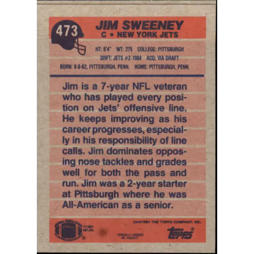 1991 Topps #473 Jim Sweeney NM-MT New York Jets Football Card - Football Card Single