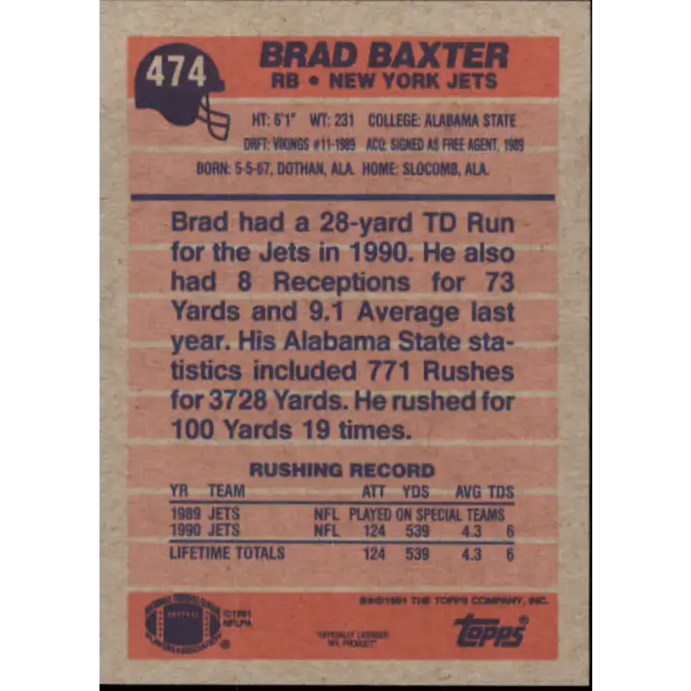 1991 Topps #474 Brad Baxter NM-MT New York Jets Football Card