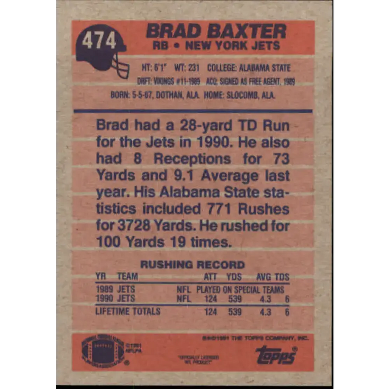 1991 Topps #474 Brad Baxter NM-MT New York Jets Football Card