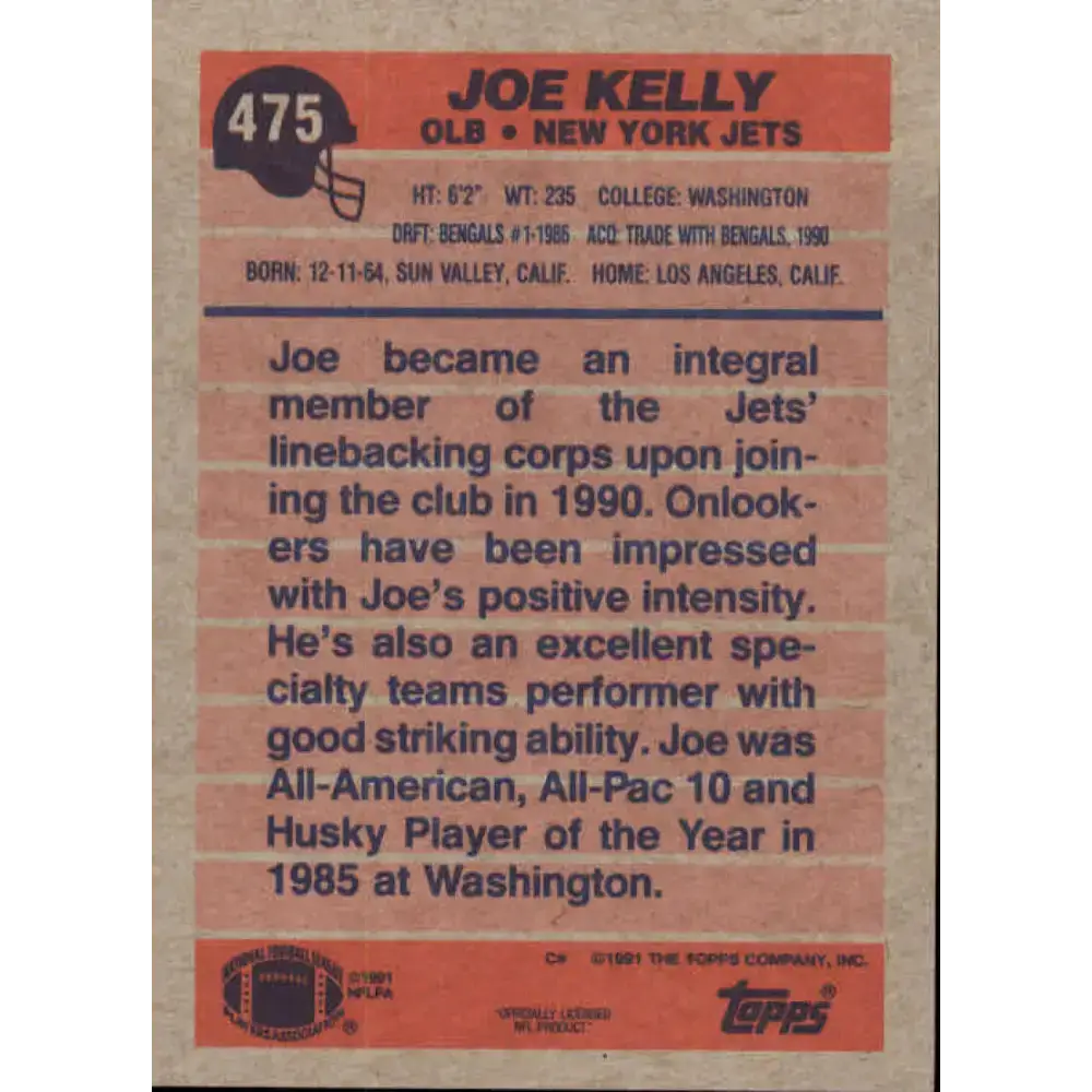 1991 Topps #475 Joe Kelly NM-MT New York Jets Football Card - Football Card Single