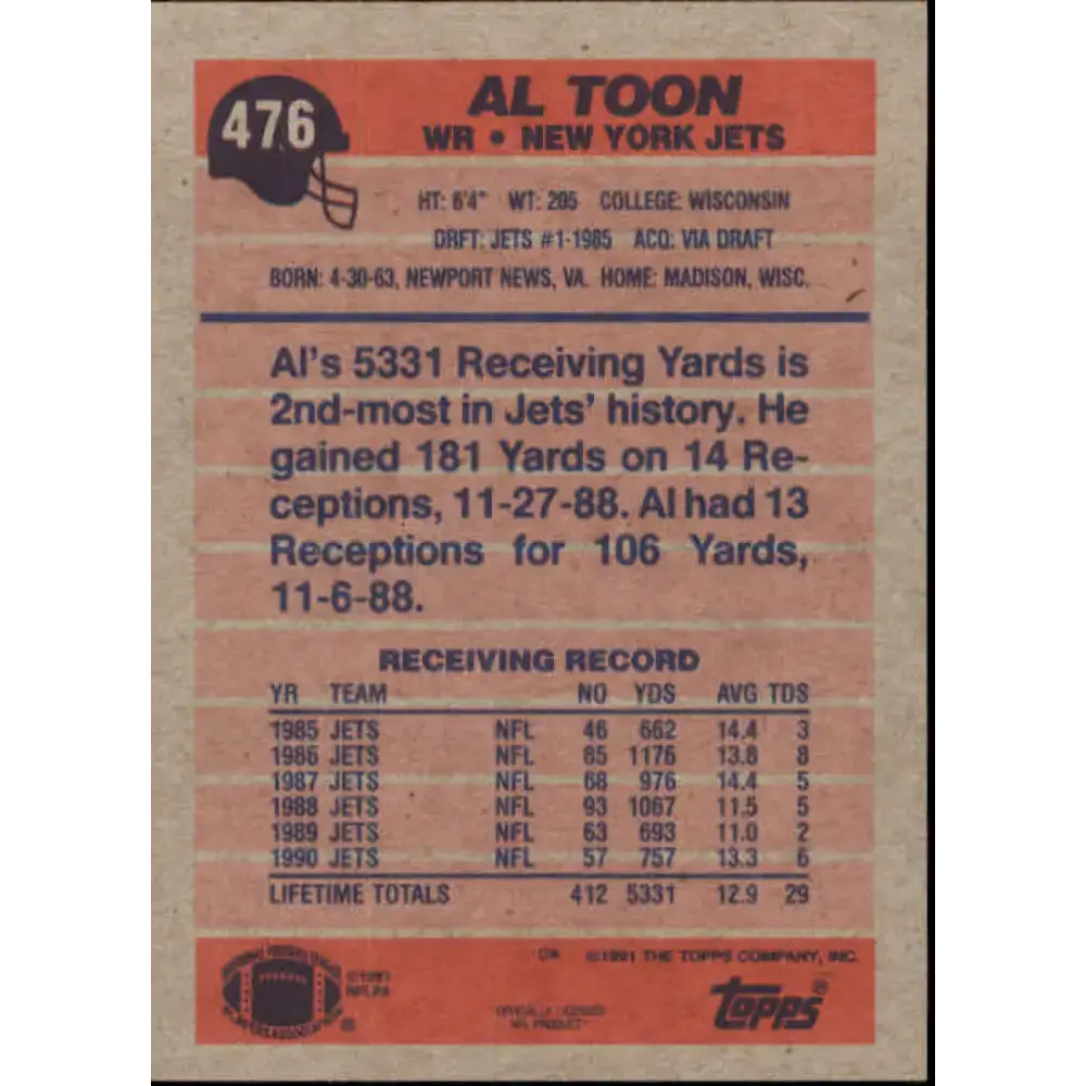 1991 Topps #476 Al Toon NM-MT New York Jets Football Card - Football Card Single