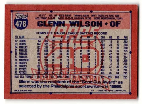 1991 Topps #476 Glenn Wilson Houston Astros Baseball Cards EX/NM ID:54888 - Baseball Card Single