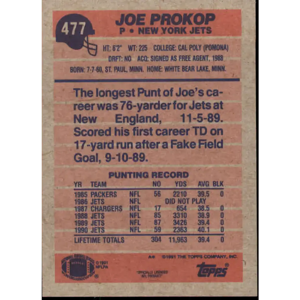1991 Topps #477 Joe Prokop NM-MT New York Jets Football Card - Football Card Single