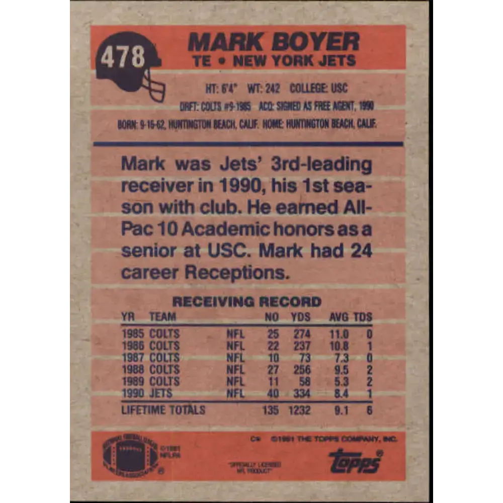 1991 Topps #478 Mark Boyer NM-MT New York Jets Football Card - Football Card Single