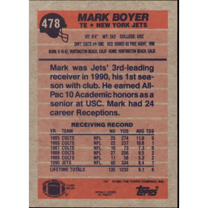 1991 Topps #478 Mark Boyer NM-MT New York Jets Football Card - Football Card Single