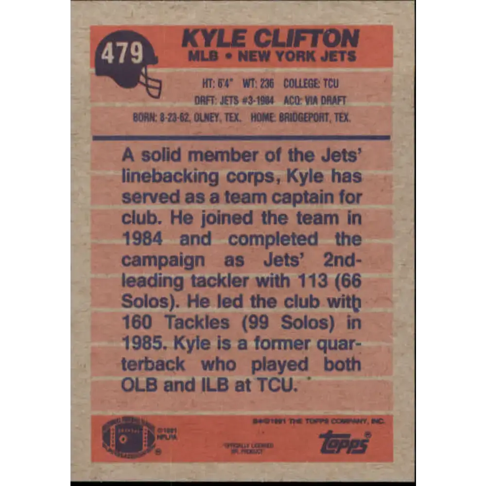 1991 Topps #479 Kyle Clifton NM-MT New York Jets Football Card - Football Card Single