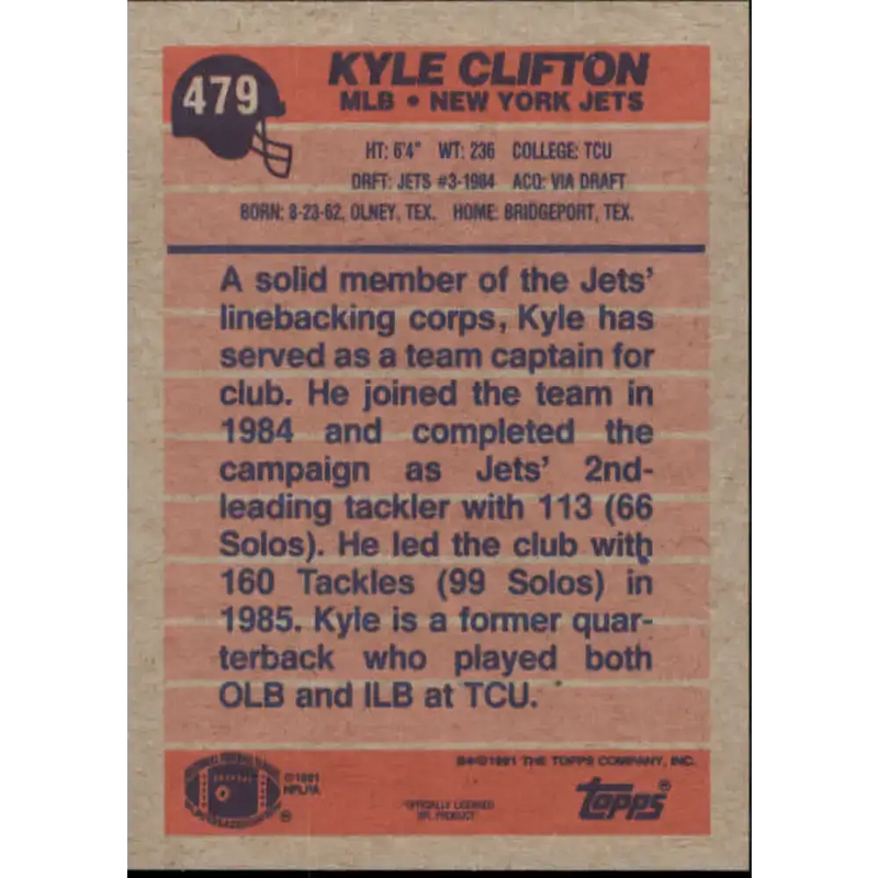 1991 Topps #479 Kyle Clifton NM-MT New York Jets Football Card - Football Card Single