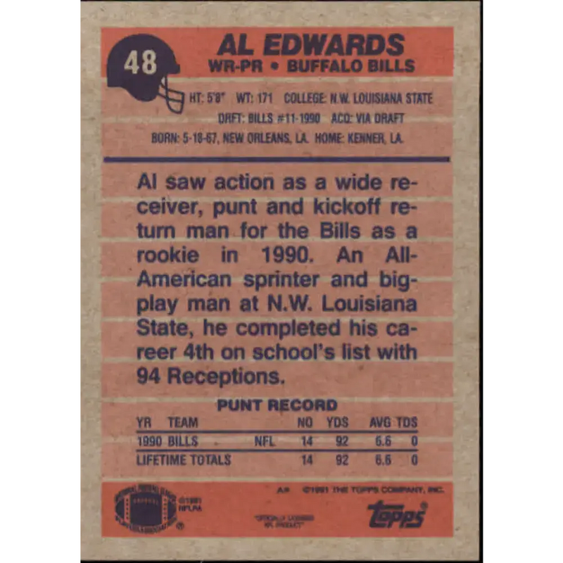1991 Topps #48 Al Edwards NM-MT RC Rookie Buffalo Bills Football Card - Football Card Single