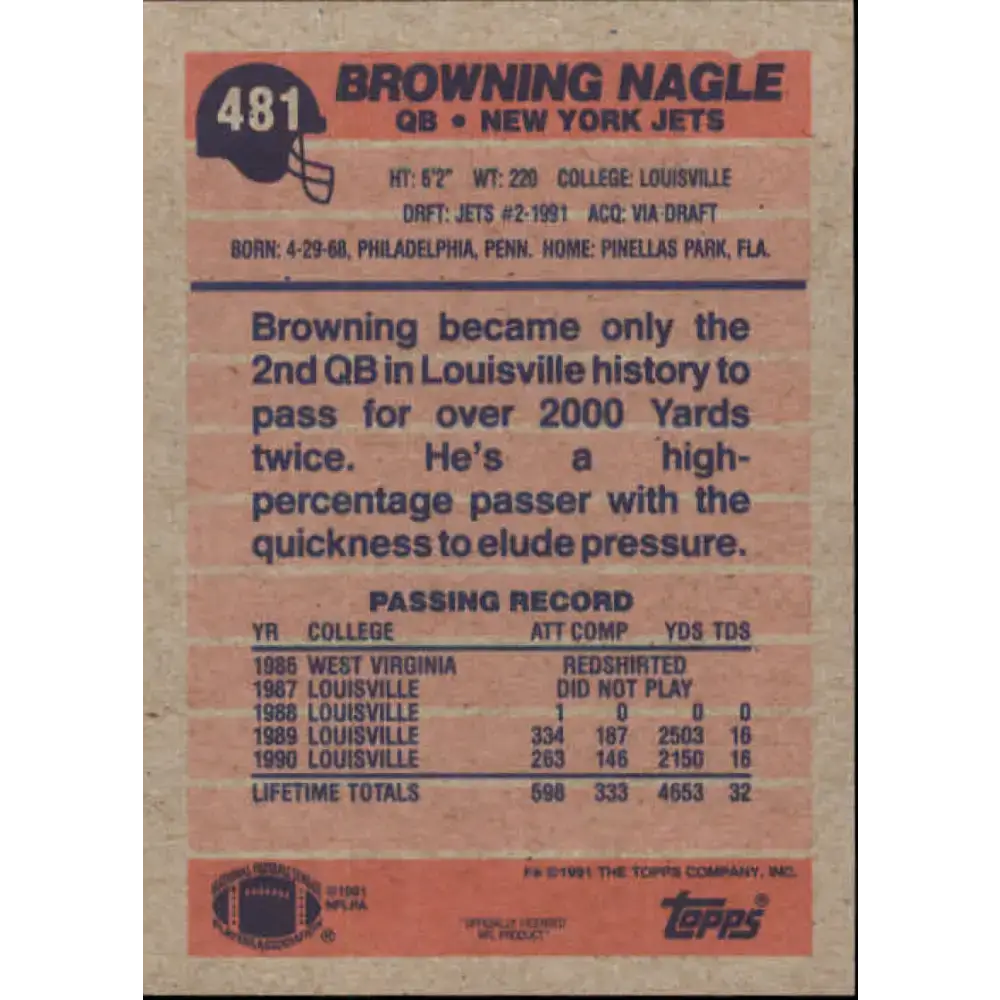 1991 Topps #481 Browning Nagle NM-MT RC Rookie New York Jets Football Card - Football Card Single