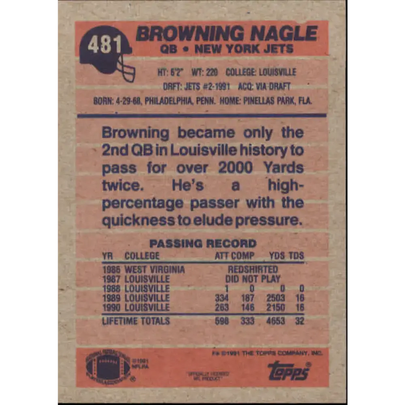 1991 Topps #481 Browning Nagle NM-MT RC Rookie New York Jets Football Card - Football Card Single