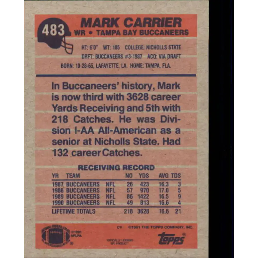 1991 Topps #483 Mark Carrier NM-MT Tampa Bay Buccaneers Football Card - Football Card Single