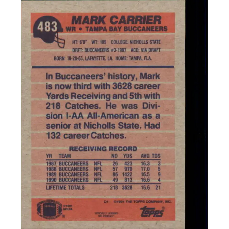1991 Topps #483 Mark Carrier NM-MT Tampa Bay Buccaneers Football Card - Football Card Single