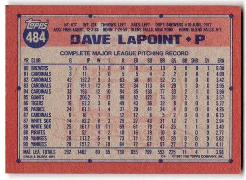 1991 Topps #484 Dave LaPoint EX/NM Yankees ID:43334 - Baseball Card Single