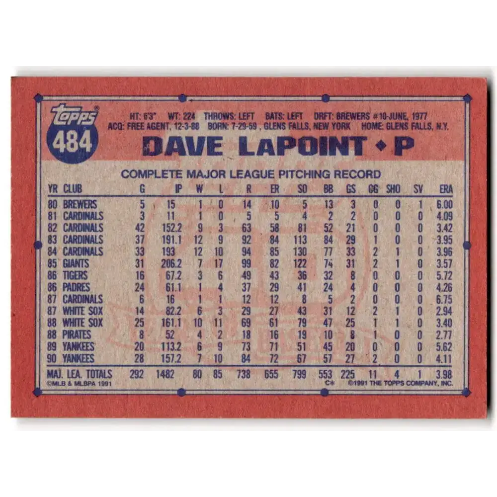1991 Topps #484 Dave LaPoint NM-MT New York Yankees Baseball Card - Baseball Card Single
