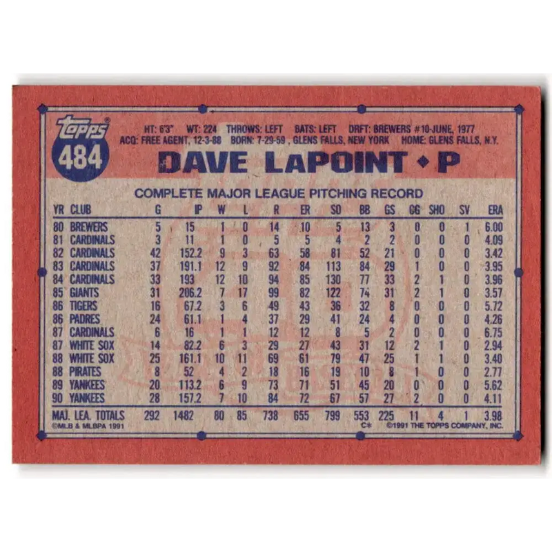 1991 Topps #484 Dave LaPoint NM-MT New York Yankees Baseball Card - Baseball Card Single
