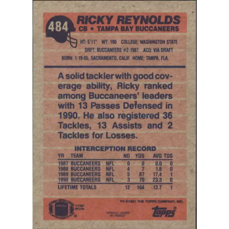 1991 Topps #484 Ricky Reynolds NM-MT Tampa Bay Buccaneers Football Card - Football Card Single