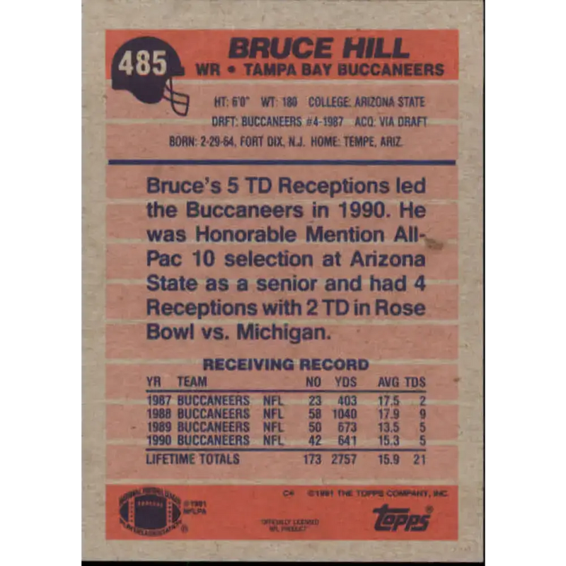 1991 Topps #485 Bruce Hill NM-MT Tampa Bay Buccaneers Football Card - Football Card Single