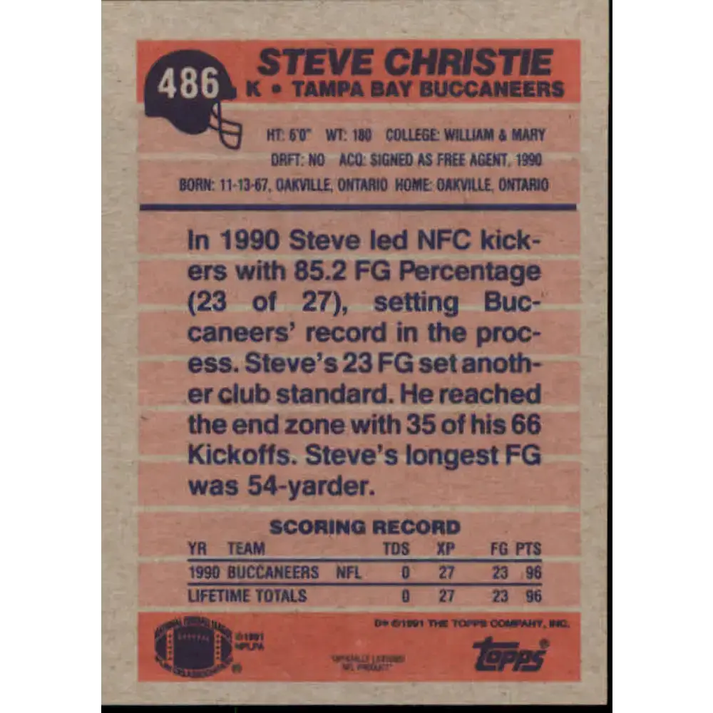 1991 Topps #486 Steve Christie NM-MT RC Rookie Tampa Bay Buccaneers Football Card - Football Card Single