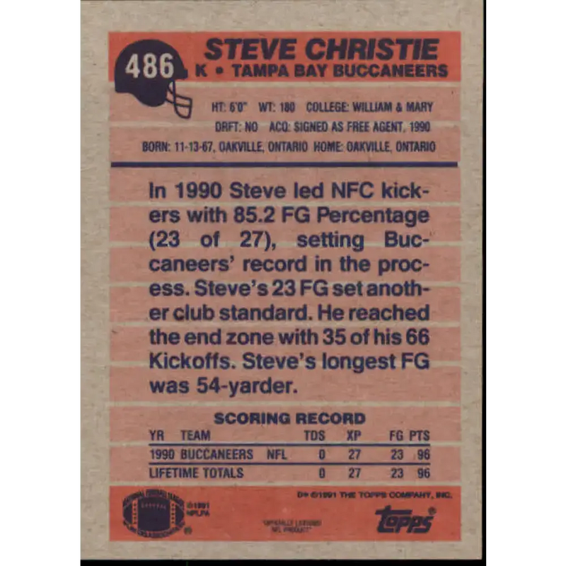 1991 Topps #486 Steve Christie NM-MT RC Rookie Tampa Bay Buccaneers Football Card - Football Card Single
