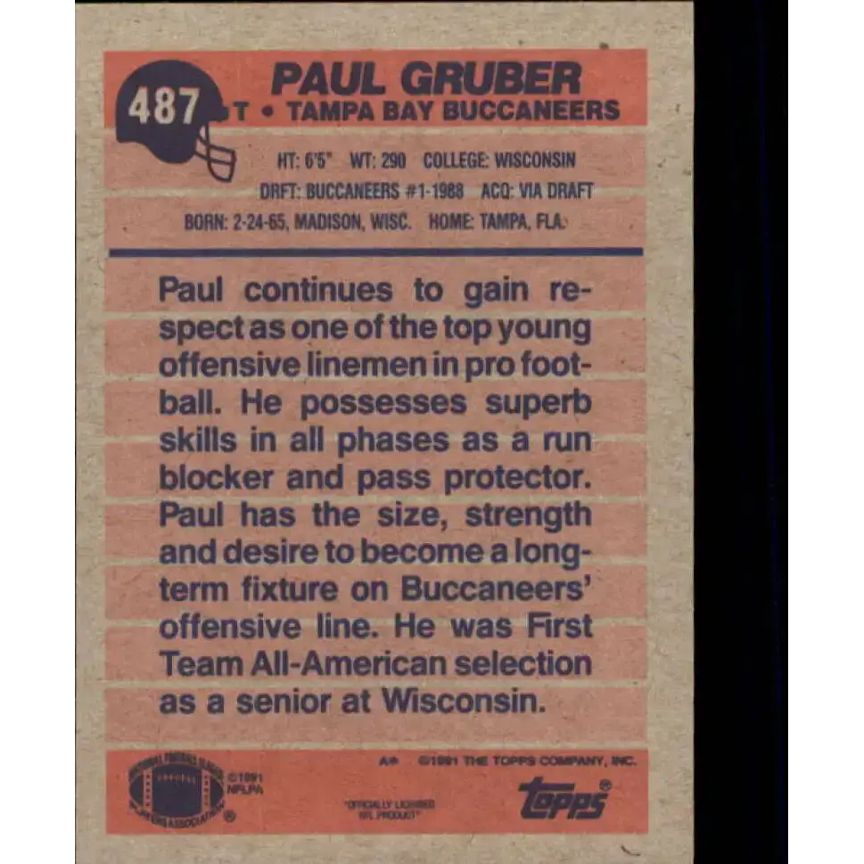 1991 Topps #487 Paul Gruber NM-MT Tampa Bay Buccaneers Football Card - Football Card Single