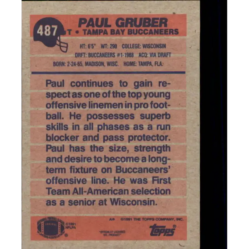 1991 Topps #487 Paul Gruber NM-MT Tampa Bay Buccaneers Football Card - Football Card Single