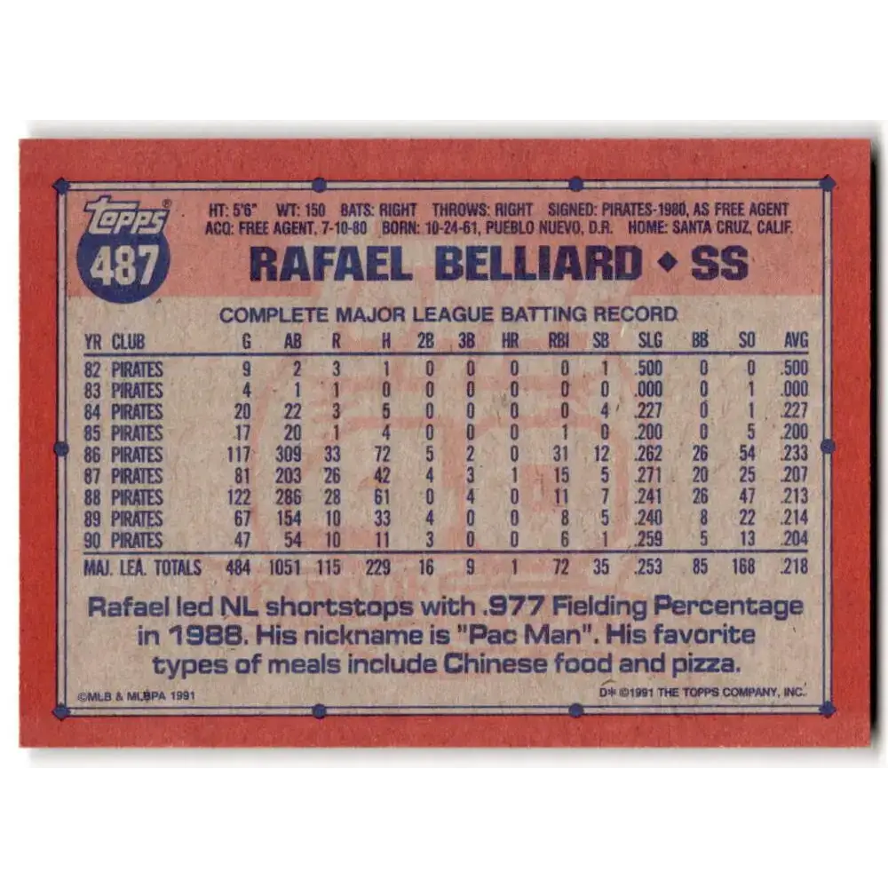 1991 Topps #487 Rafael Belliard NM-MT Pittsburgh Pirates Baseball Card - Baseball Card Single
