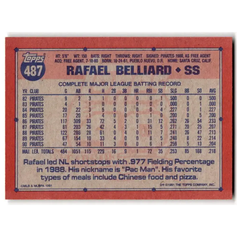 1991 Topps #487 Rafael Belliard NM-MT Pittsburgh Pirates Baseball Card - Baseball Card Single