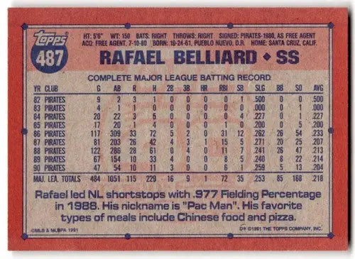 1991 Topps #487 Rafael Belliard NM Near Mint Pirates ID:43328 - Baseball Card Single