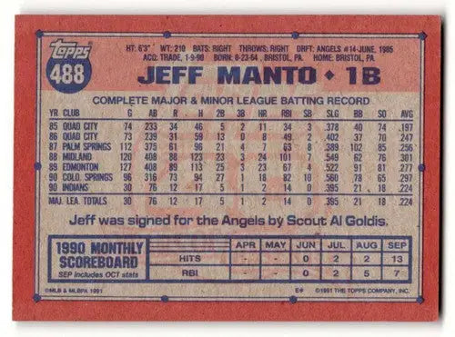 Original gloss Jeff Manto Cleveland baseball card from 1991 Topps #488 Manto Cleveland Indians
