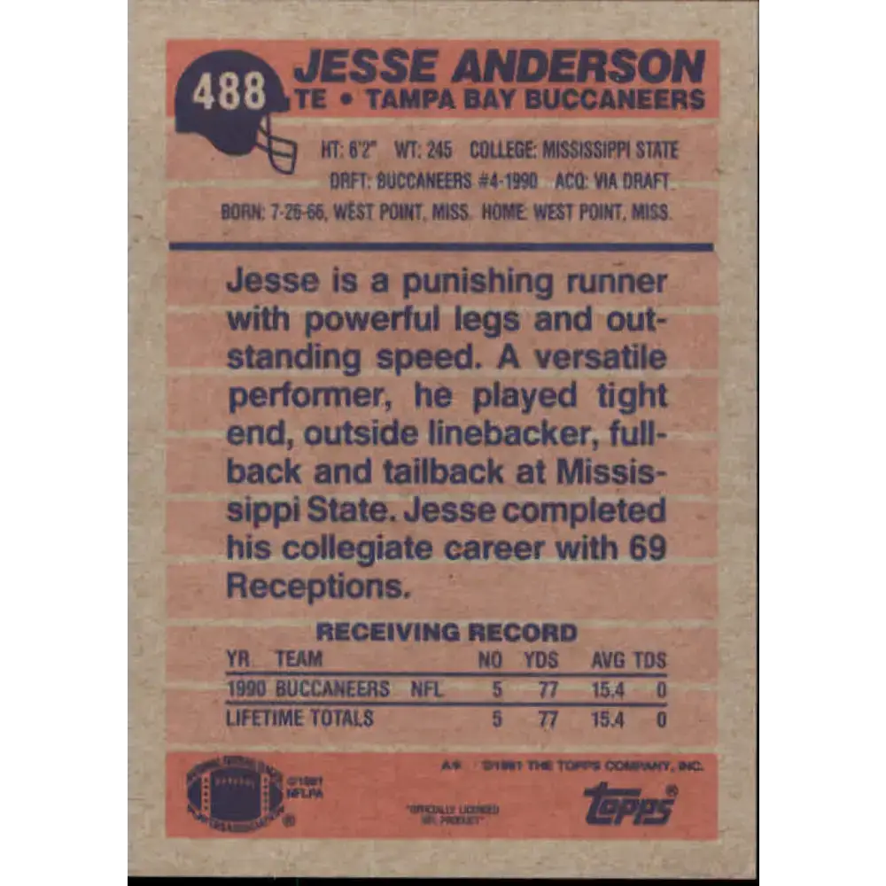 1991 Topps #488 Jesse Anderson NM-MT Tampa Bay Buccaneers Football Card - Football Card Single