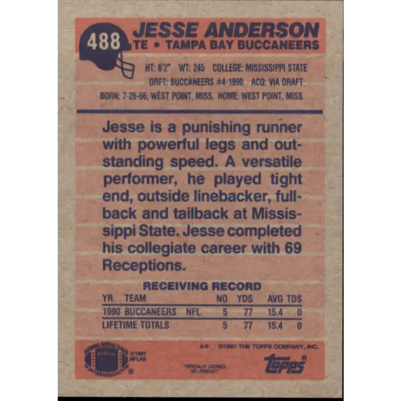 1991 Topps #488 Jesse Anderson NM-MT Tampa Bay Buccaneers Football Card - Football Card Single