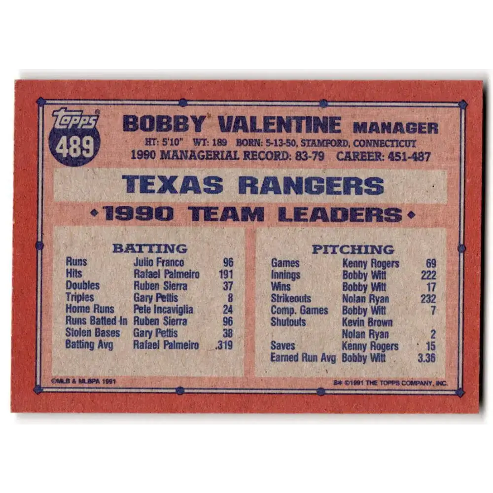 1991 Topps #489 Bobby Valentine NM-MT Texas Rangers Baseball Card - Baseball Card Single