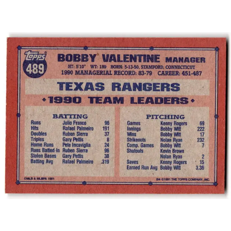 1991 Topps #489 Bobby Valentine NM-MT Texas Rangers Baseball Card - Baseball Card Single